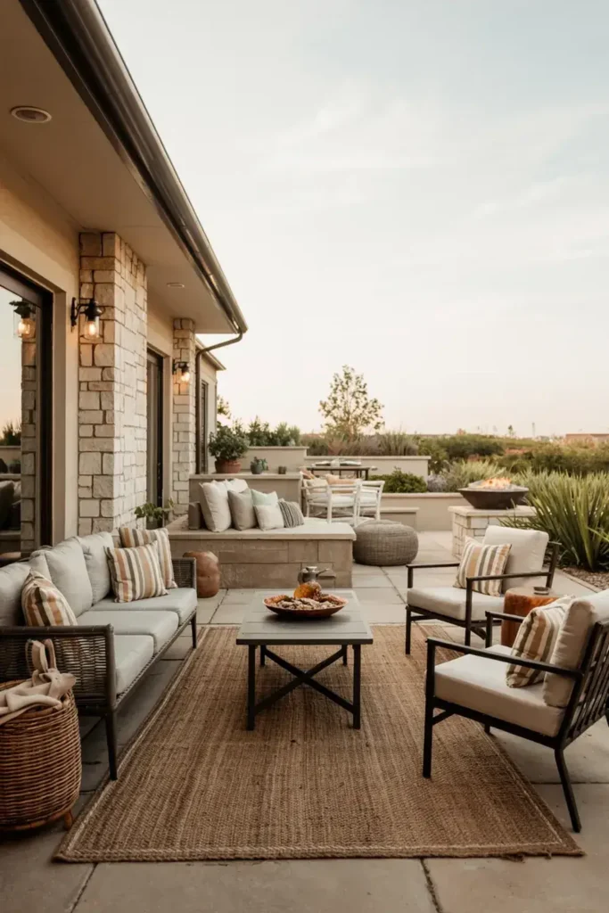 Comfortable outdoor patio seating area with sofa, armchairs, coffee table, rug, and a fire pit at dusk.