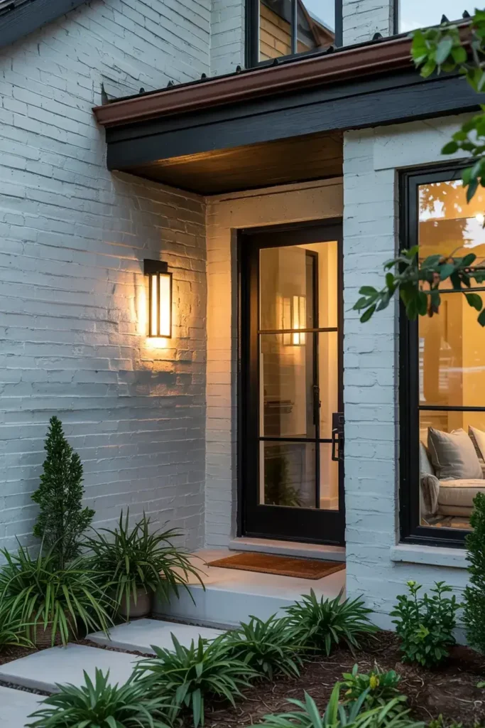 Front entrance of a white brick house at dusk featuring a black glass door, a lit modern wall sconce, and landscaping.