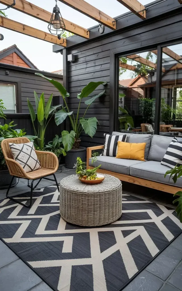 Outdoor seating area with a wicker chair, sofa, and coffee table on a black and white patterned rug under a wooden pergola.
