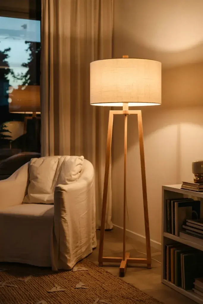 Warm-toned living room with a floor lamp, armchair, and bookshelf.