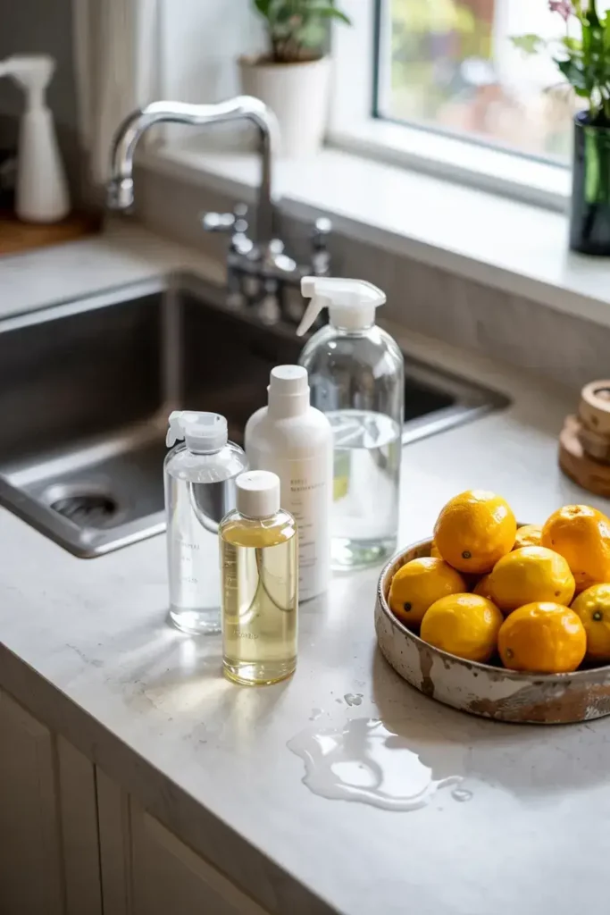 Kitchen counter with stainless steel sink, cleaning supplies, and a bowl of oranges.