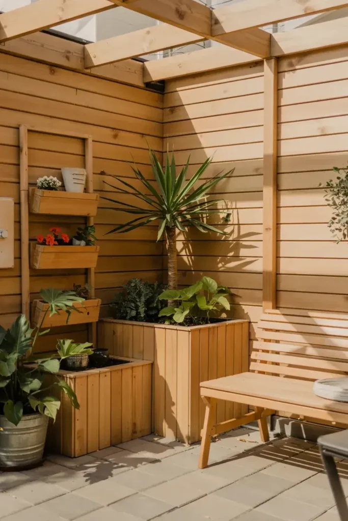 Wooden patio corner with slatted walls, pergola, tiered and freestanding planters with plants, and a bench.