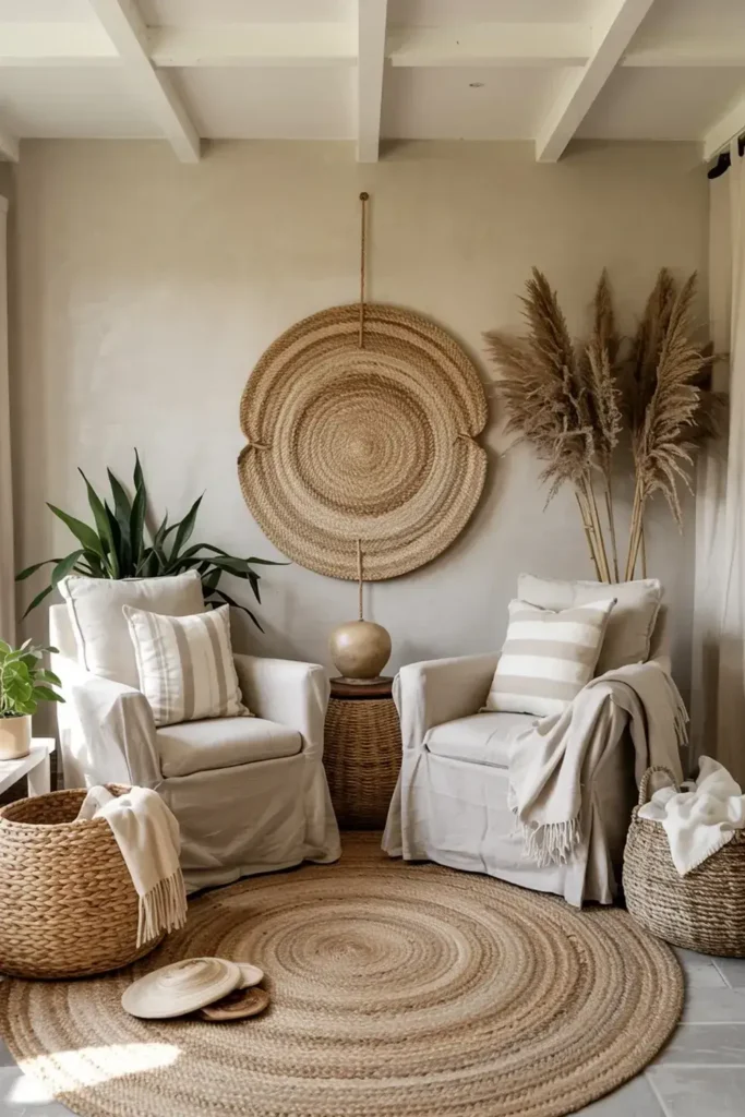 Neutral-toned living room with two slipcovered armchairs, a round jute rug, wicker accents, and a large woven wall hanging.