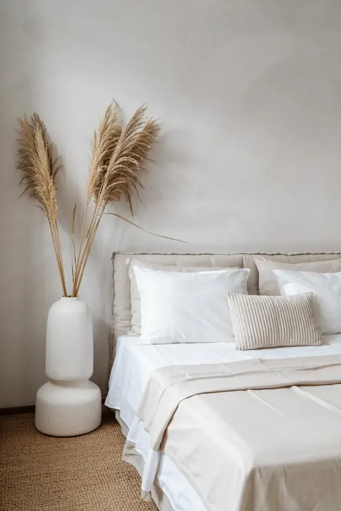 Neutral-toned bedroom corner featuring a bed with white bedding and a large white vase with pampas grass.
