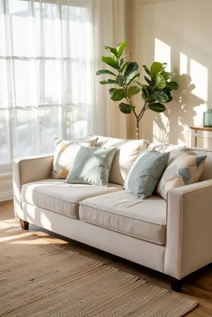 A cream sofa with blue and patterned pillows sits in a sunlit room near a window and a tall plant.