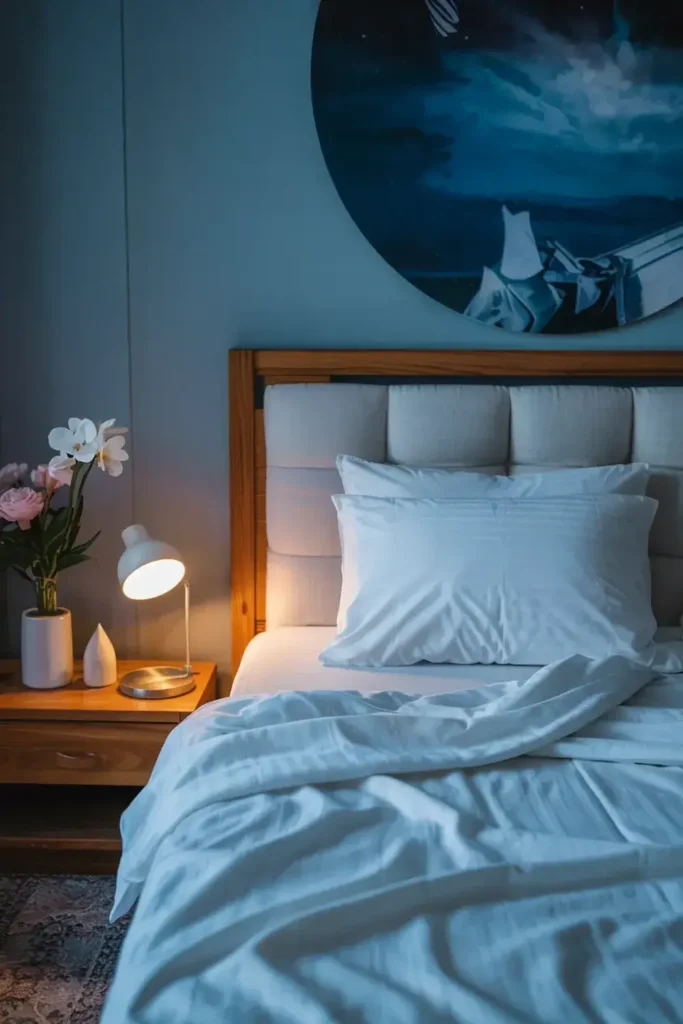 Bed with white linens next to a nightstand with a lit lamp, flowers, and large circular art above.