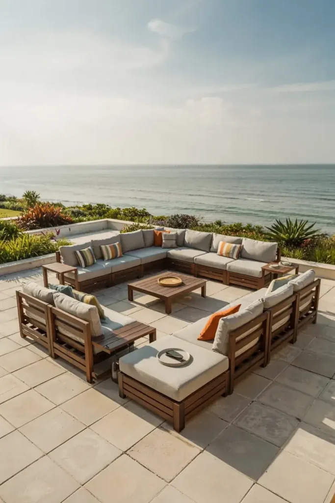 Luxury wooden outdoor sectional sofa on a patio overlooking the ocean.