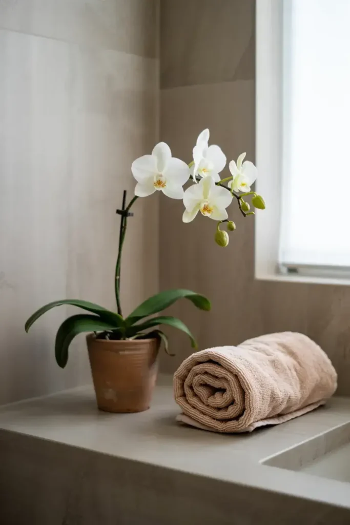 White orchid in a pot next to a rolled towel on a bathroom counter.