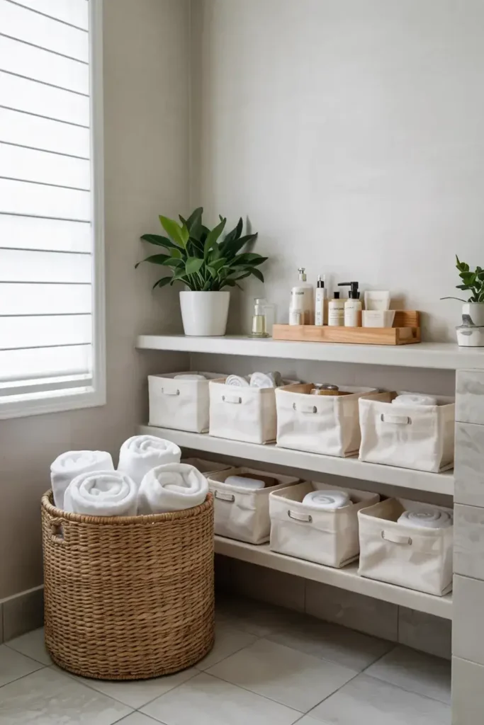 Bathroom with a woven basket of rolled towels, shelves holding labeled fabric storage bins, and a plant.