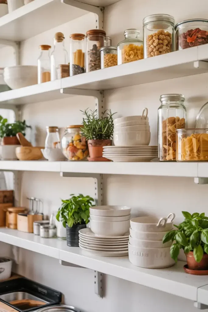 Kitchen shelves with jars of pasta, grains and bowls, some plants.