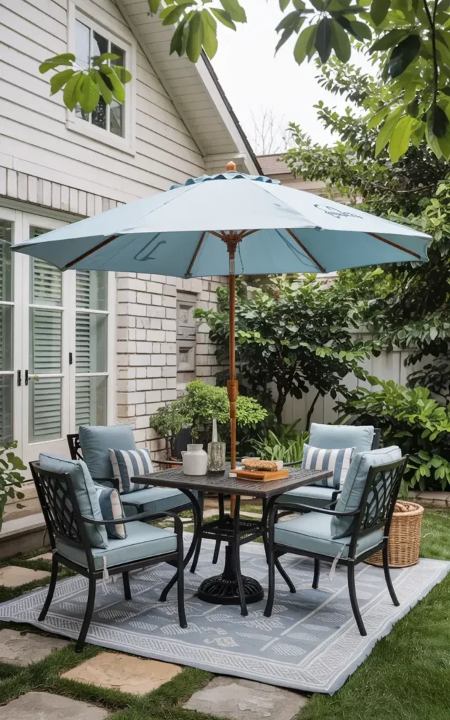 Outdoor dining set with a blue umbrella on a patterned rug in a lush backyard.