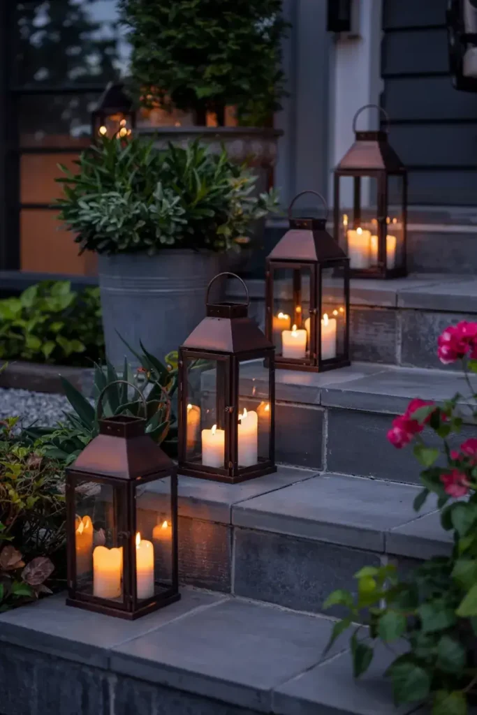 Bronze lanterns with lit candles illuminating outdoor stone steps at dusk.