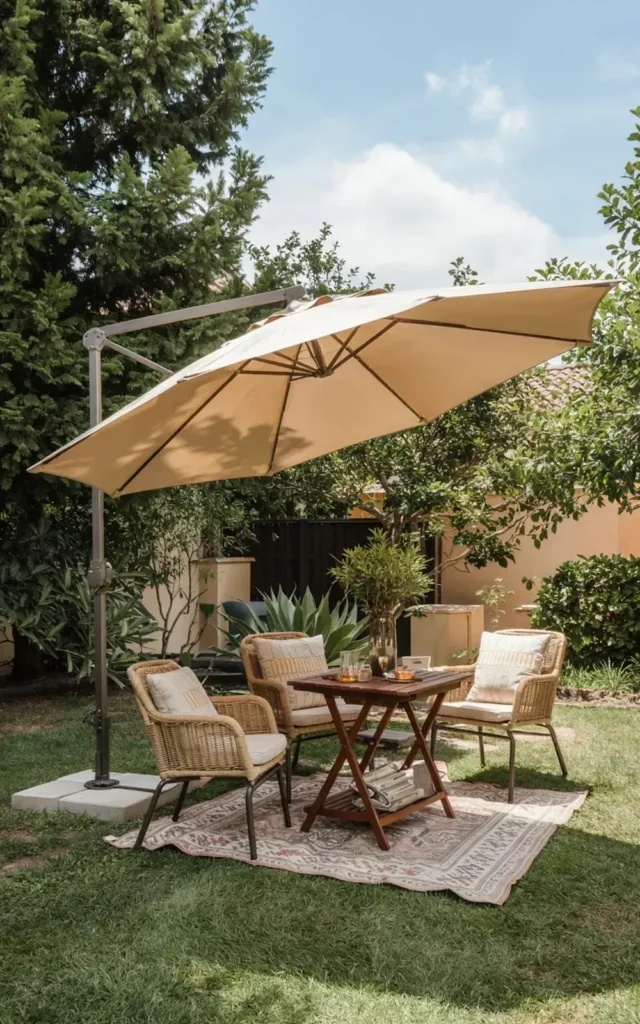 Outdoor patio set with two wicker chairs, a small wooden table with drinks and a book, and a large cantilevered umbrella on a green lawn.