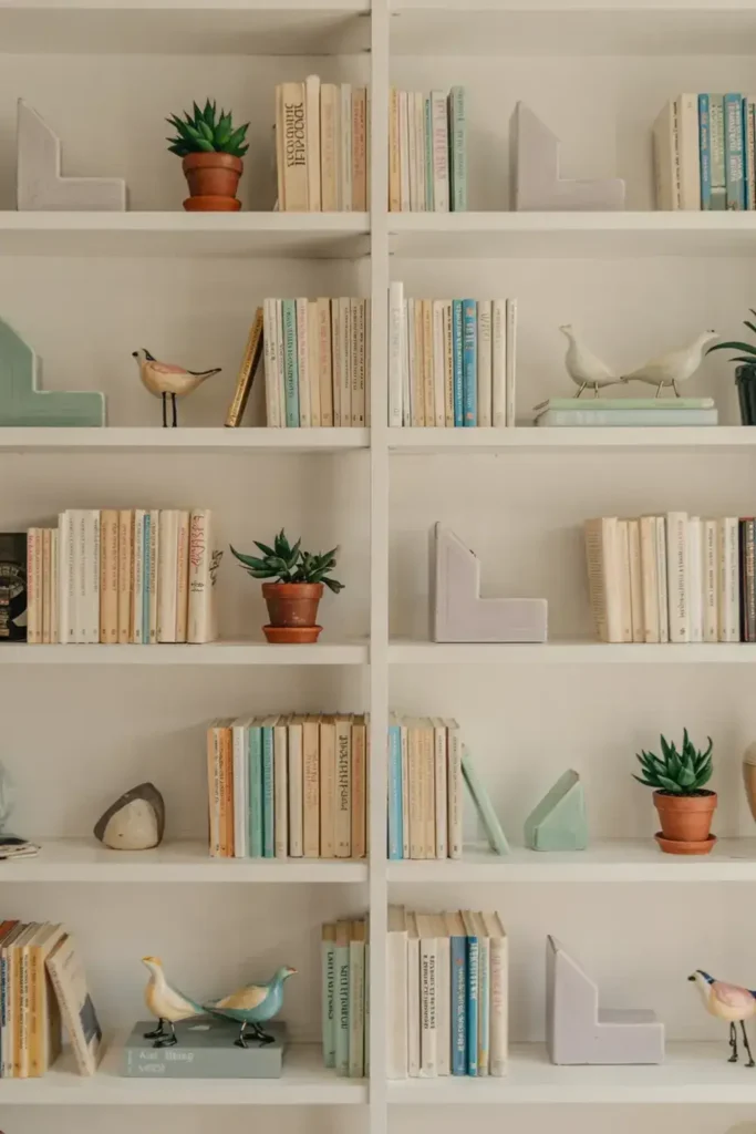 White bookshelf filled with books, bookends, small plants, and decorative bird figurines.