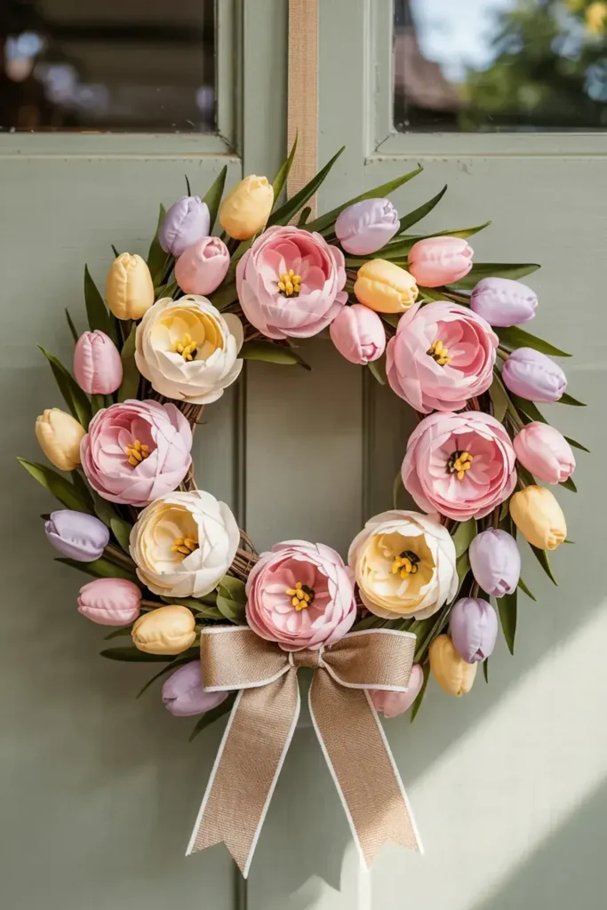 Floral wreath with a beige burlap bow, featuring pastel pink peonies and tulip buds in yellow, pink, and lavender.