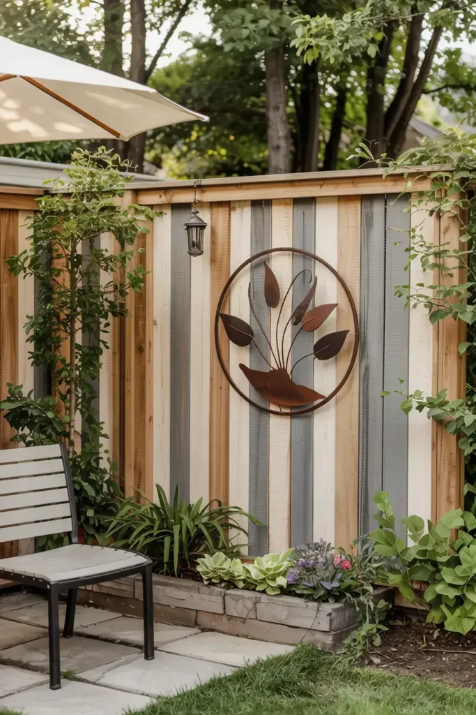 Striped wooden fence in a backyard patio decorated with metal wall art, plants, and a chair.