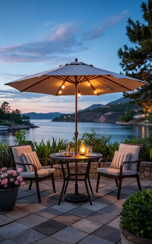 Outdoor dining set with umbrella and string lights overlooking a calm body of water at dusk.