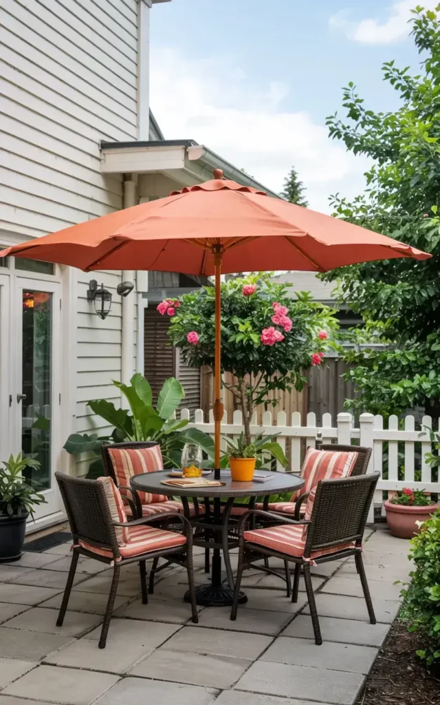Outdoor dining set with an orange umbrella on a brick patio next to a white picket fence and lush greenery.