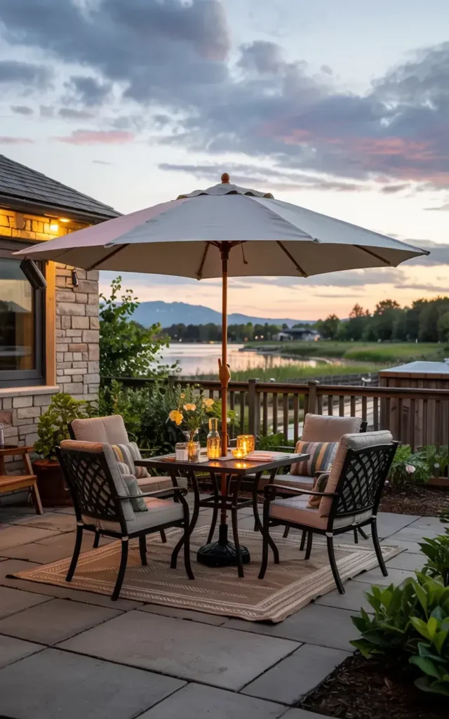 Outdoor dining set with umbrella on a patio overlooking a lake at sunset.