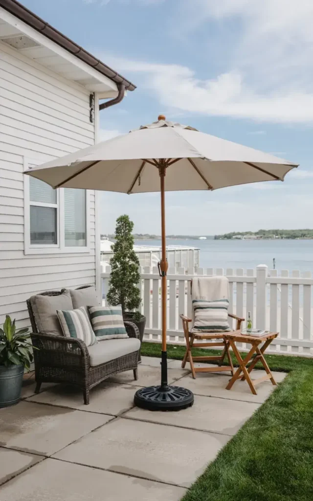 Patio furniture with a large umbrella sits on a stone patio overlooking water.