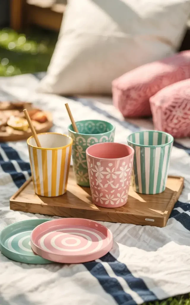 Colorful picnic setup with patterned cups, plates, and a snack tray on a striped blanket.