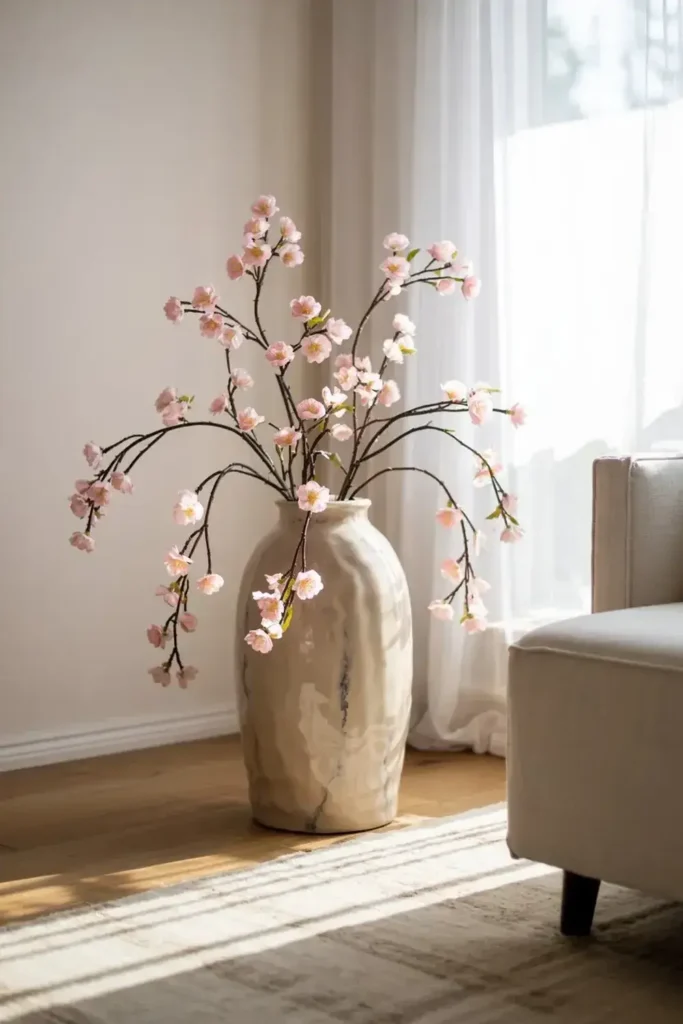 Vase with pink cherry blossom branches in a living room.