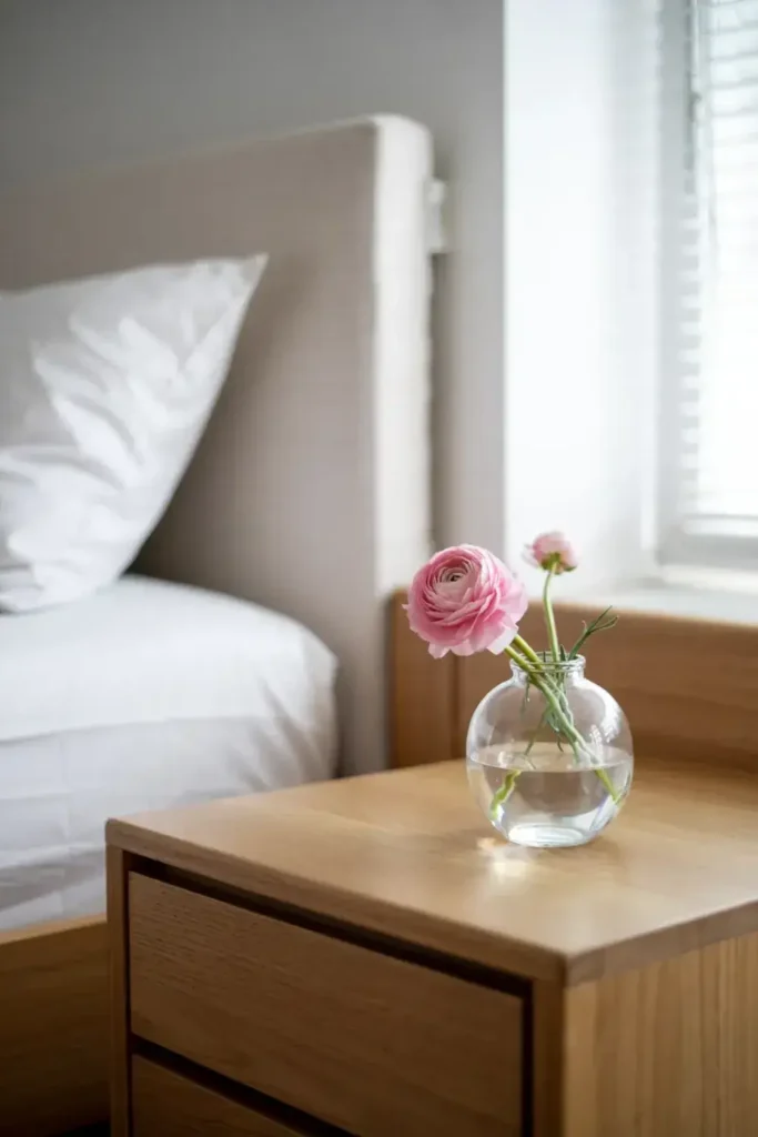 Ranunculus flowers in a vase on a bedside table with a bed in the background.