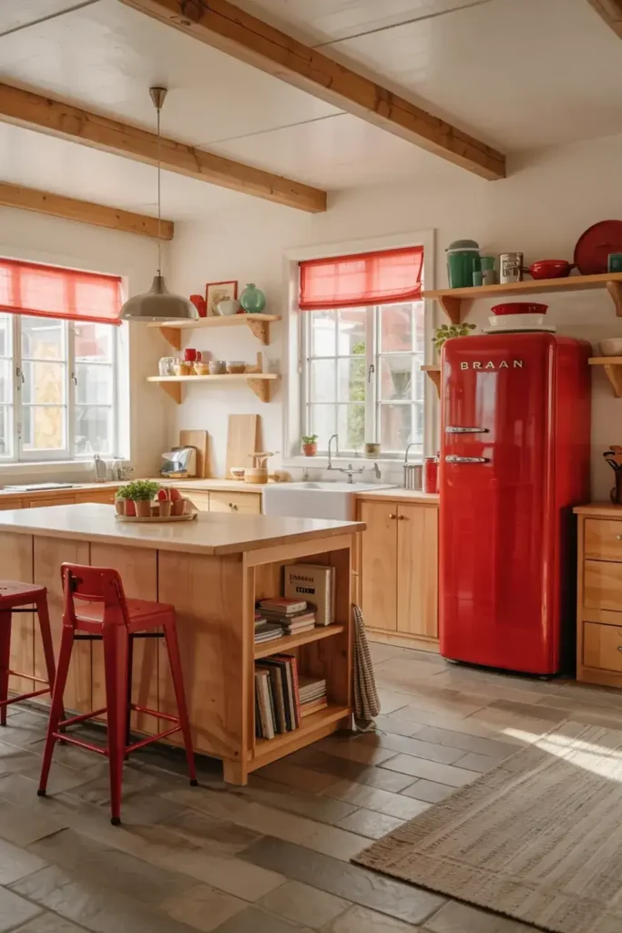 Sunlit kitchen with wooden cabinets, red retro refrigerator, and a central island with red stools.