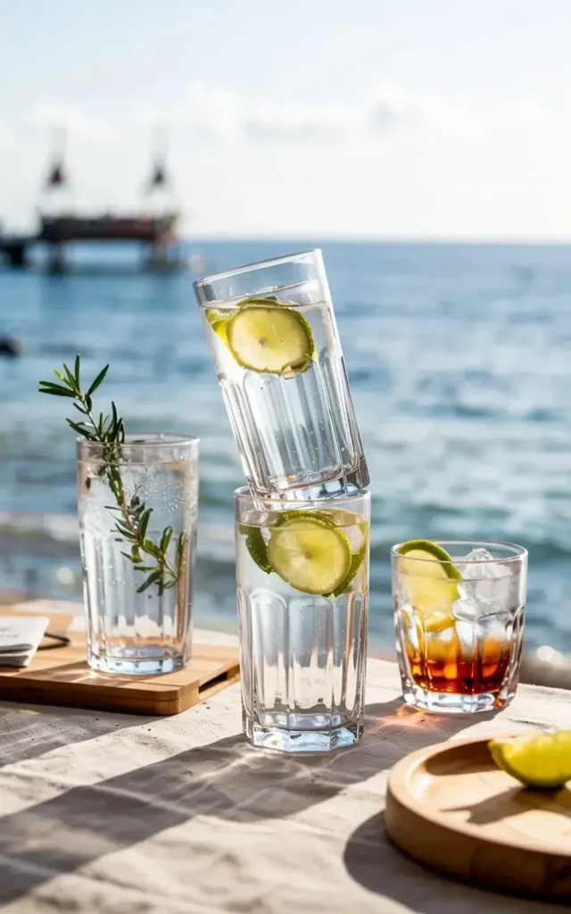 Stack of sparkling water glasses with lime garnish on a table overlooking the ocean.