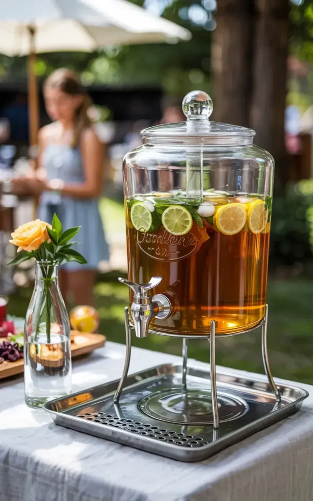 Glass drink dispenser filled with iced tea and fruit, with a vase of orange flowers in the foreground.