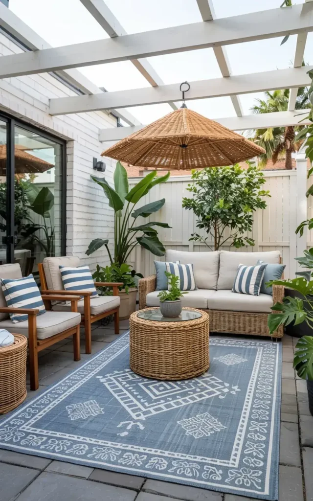 Outdoor patio with wicker furniture, a woven umbrella, and blue patterned rug surrounded by plants.