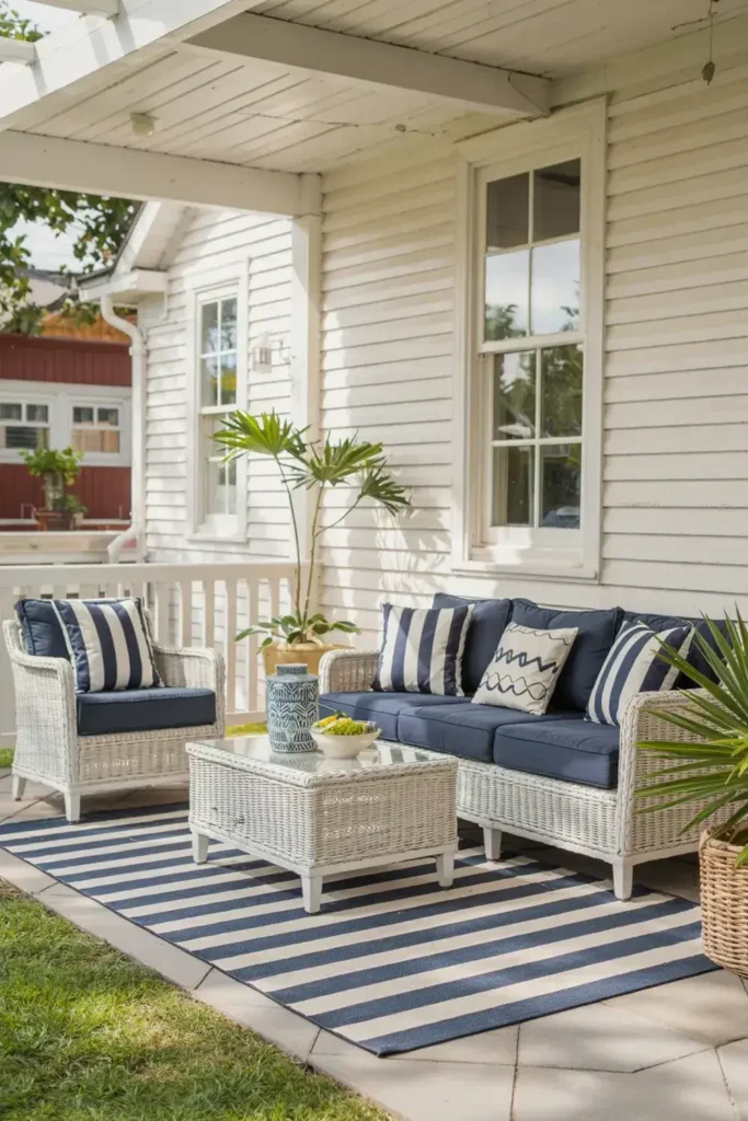 White wicker patio furniture set with navy cushions and striped pillows on a covered porch with a striped rug.