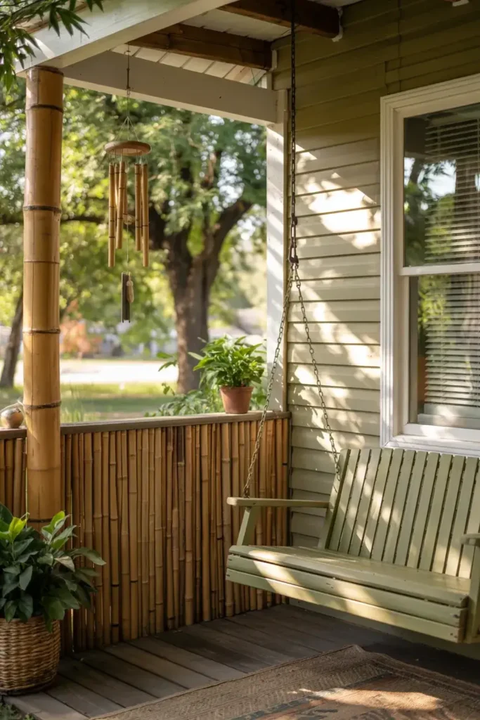 Sunlit porch with green wooden swing, bamboo railing, wind chimes, and potted plants.