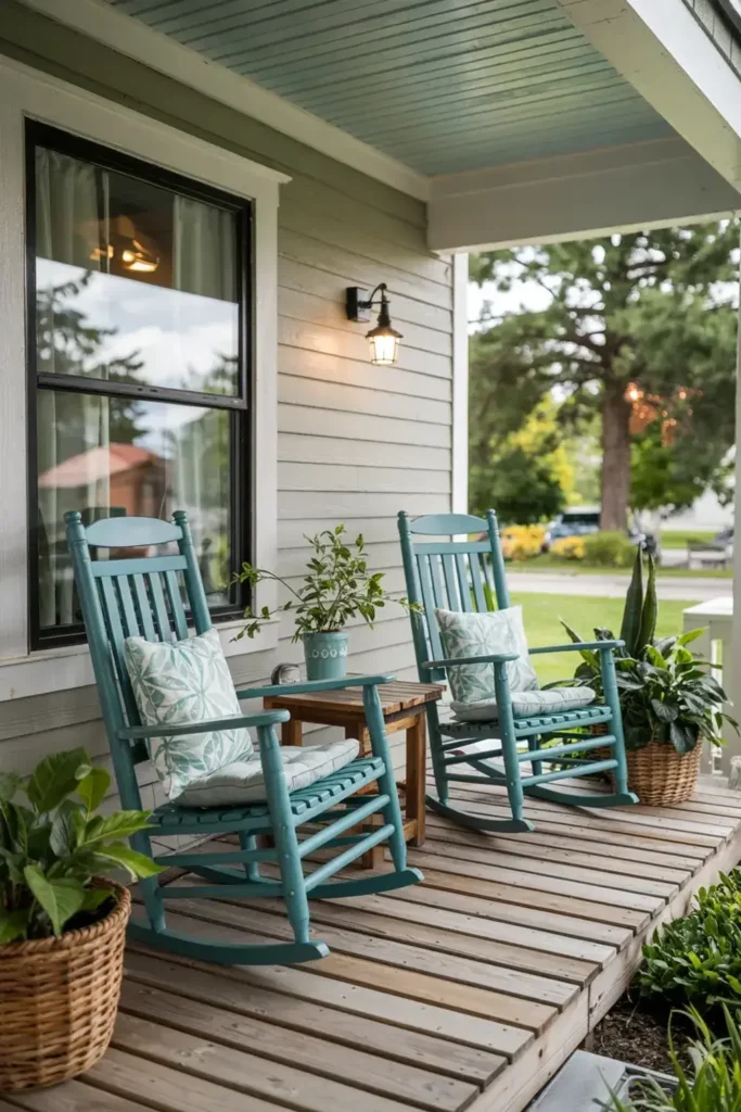Two turquoise rocking chairs with cushions sit on a wooden porch next to potted plants and a small table.