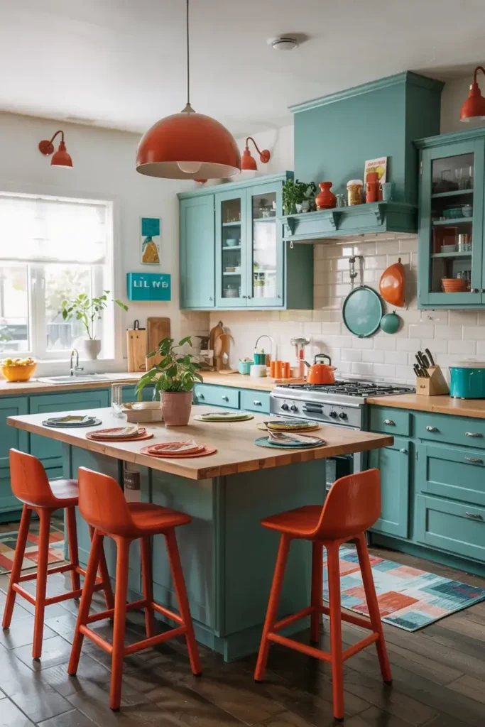 Teal kitchen with a wooden island, bright orange stools, and matching orange pendant light.