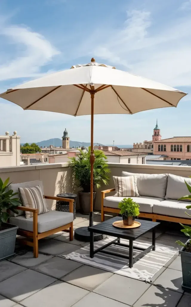 Rooftop terrace with patio furniture, a white umbrella, and a city view.