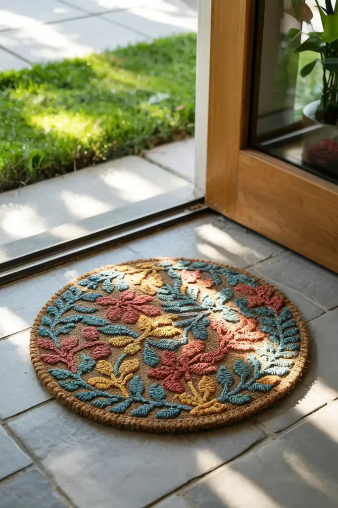 A round doormat with a colorful floral and leaf design sits inside an open doorway.