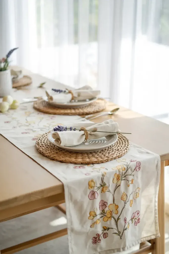 Table setting with floral runner, braided placemats, white plates, and lavender sprigs.