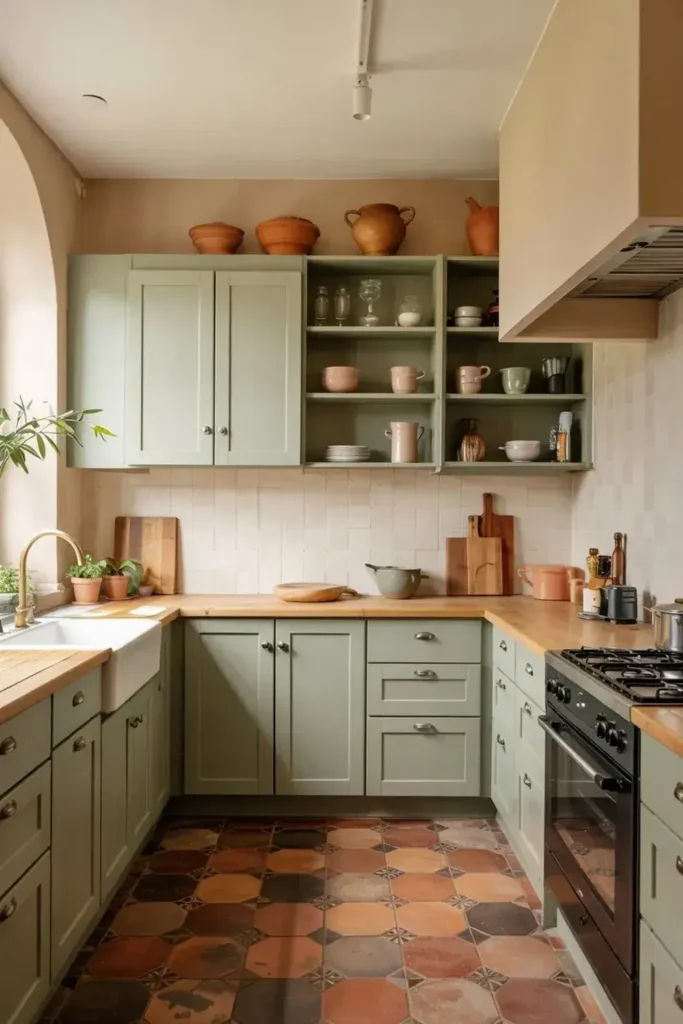 A cozy kitchen with sage green cabinets, wooden countertops, a white farmhouse sink, and terracotta octagonal floor tiles.