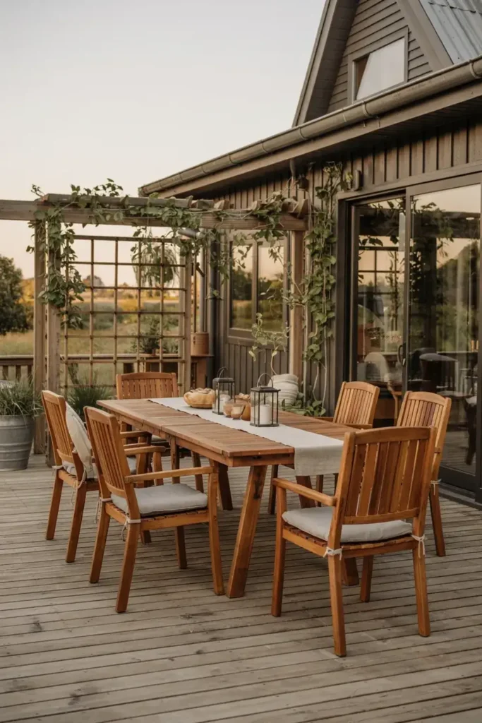 Wooden dining table and chairs on a rustic outdoor deck next to a house with a vine-covered pergola.