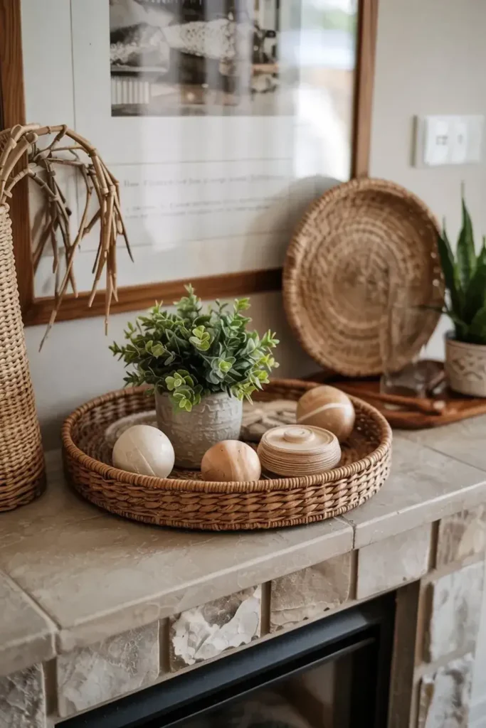 Woven tray with a potted plant, wooden spheres, and decorative objects on a brick fireplace mantel.
