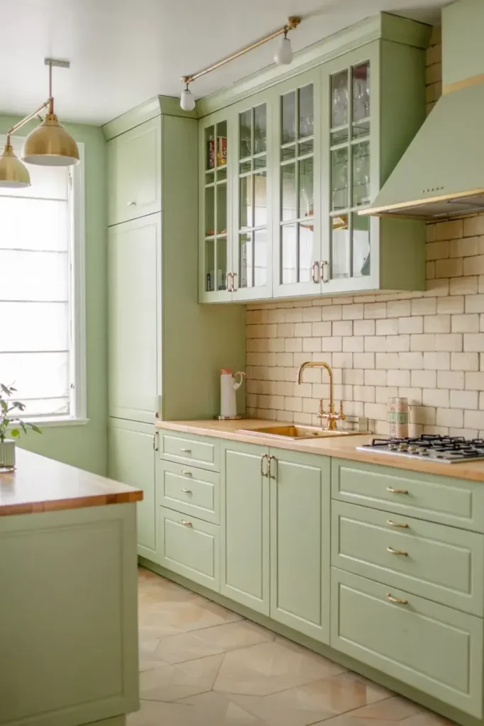 Light green kitchen with wooden countertops, brass fixtures, and cream subway tile backsplash.