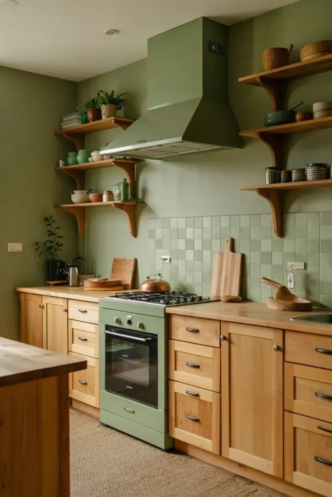 A rustic kitchen with sage green walls and appliances, wooden cabinetry, and open shelving.