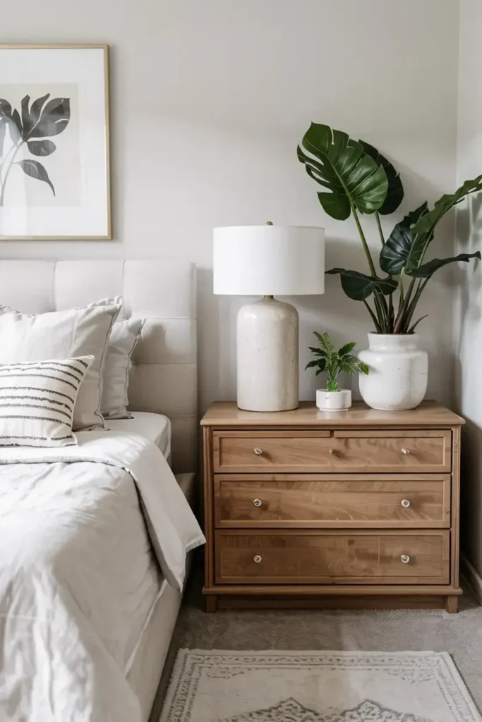 Wooden bedside dresser with white lamp and plants next to a bed with white linens and botanical art above.