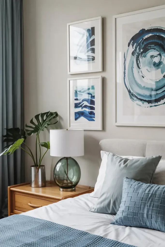 Bedroom nightstand with green lamp and plant beside bed with blue accents and abstract blue wall art.