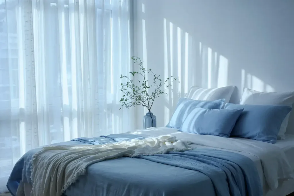 Sunlit bedroom with blue and white bedding, sheer curtains, and a vase with branches casting shadows on the wall.