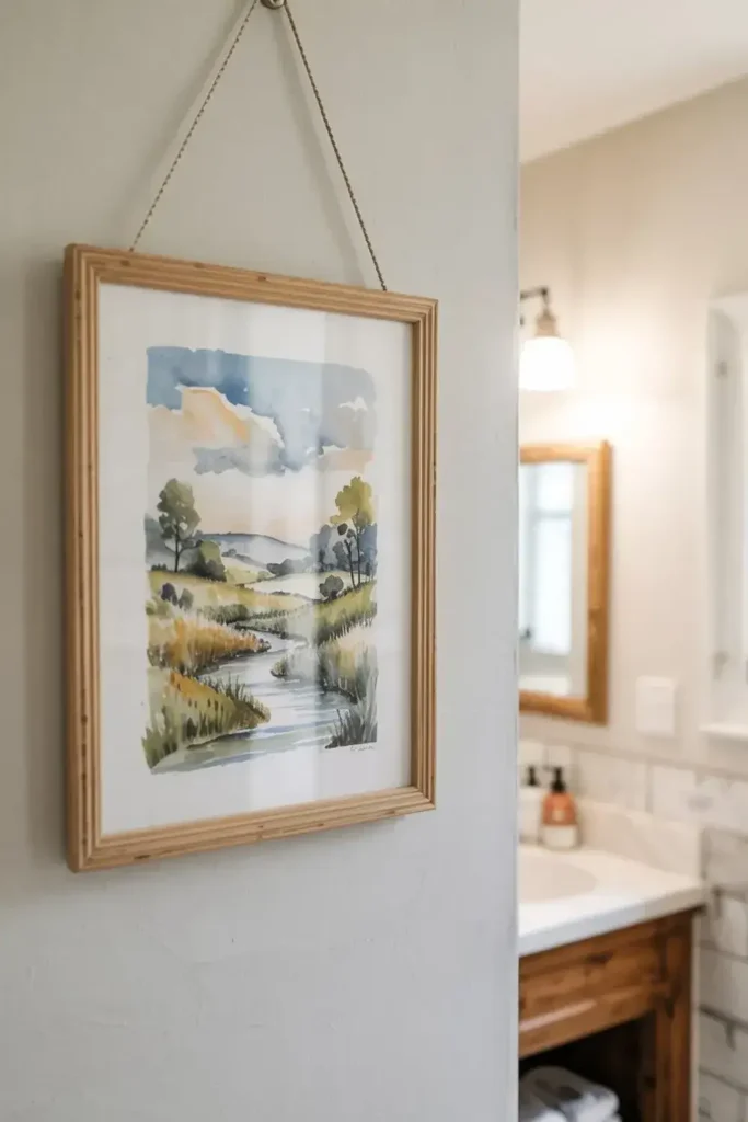 Watercolor landscape painting with a stream hanging in a bathroom.