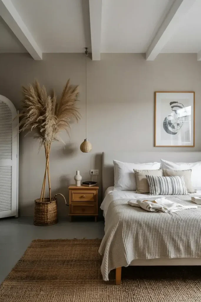 Neutral bedroom featuring pampas grass in a wicker basket, a wooden nightstand, and a jute rug.