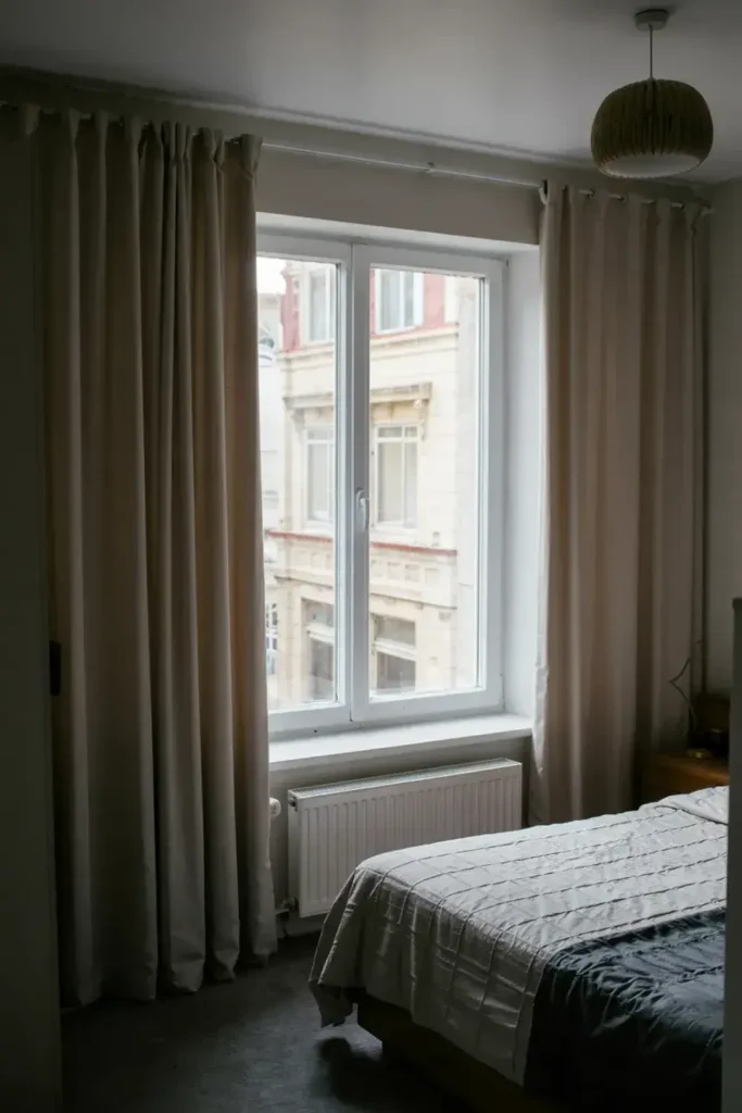 Bedroom interior with a large window flanked by beige curtains, a radiator, and the corner of a bed.