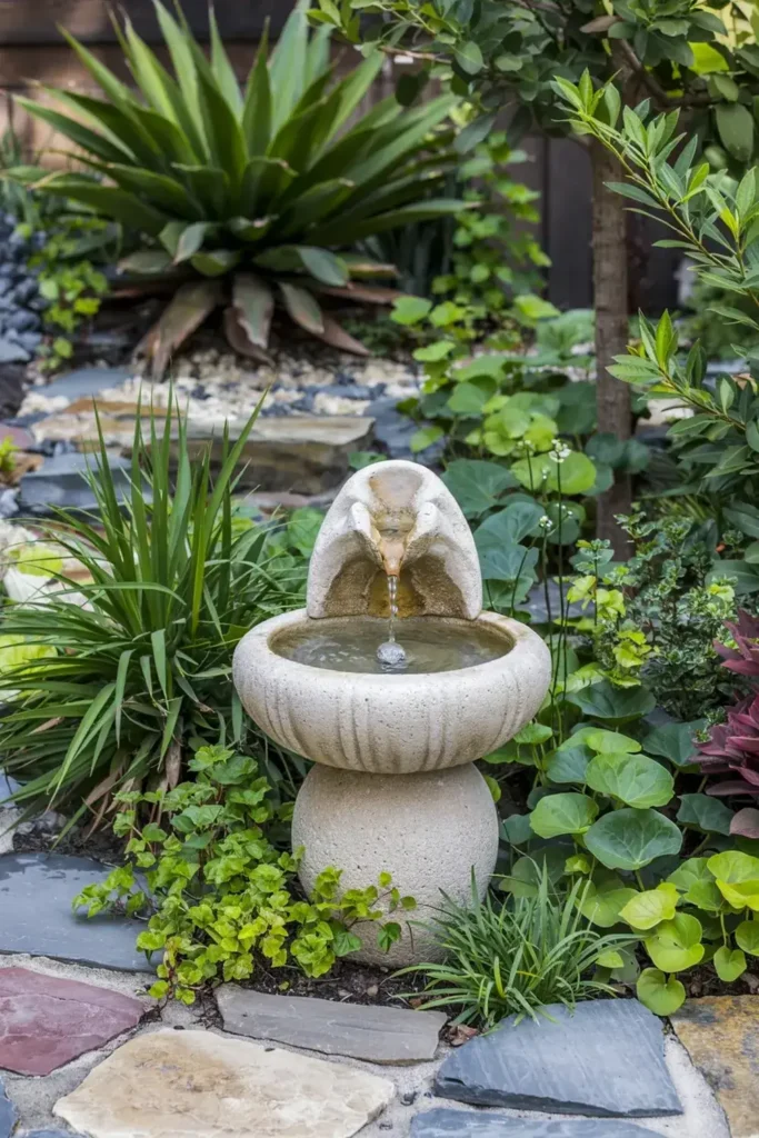 A small stone fountain trickles water amidst lush green garden foliage and a stone path.